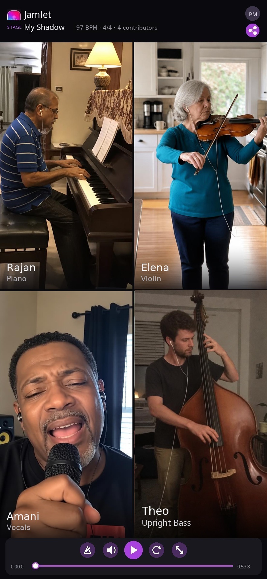 A Jam with four Jamlets: a pianist, a violinist, a vocalist and an upright bass player performing together