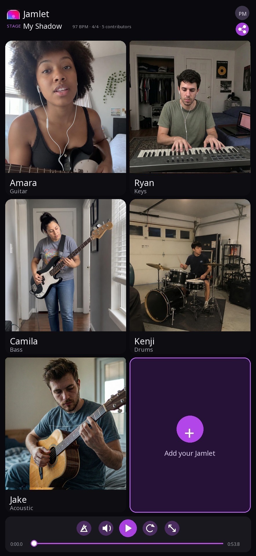 The Jamlet stage view: five musicians’ Jamlets and an open slot to add your own